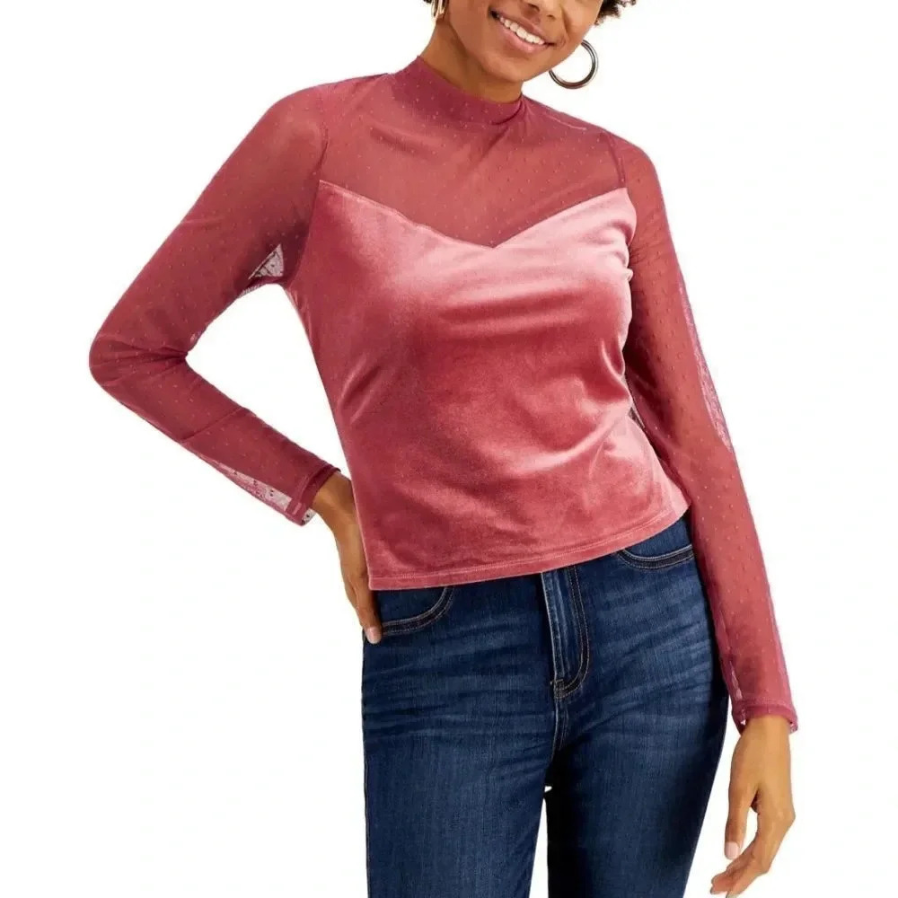 Love, Fire Juniors' Mesh & Velvet Mock Neck Top, Brand New with tags🌺